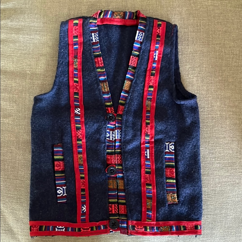 HANDMADE Colorful Patterned Wool Knit Vest with Red Trim Accents Kids 2T